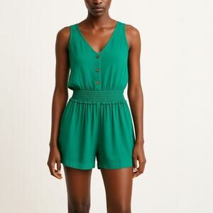 Zara Green Sleeveless Button V-neck Smocked Pleated Wide Leg Romper Jumpsuit XS